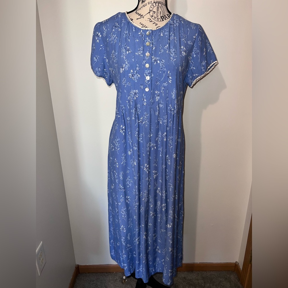 Liz Baker 90s Vintage Essentials Blue Floral Midi Dress/Rayon/Size 8P